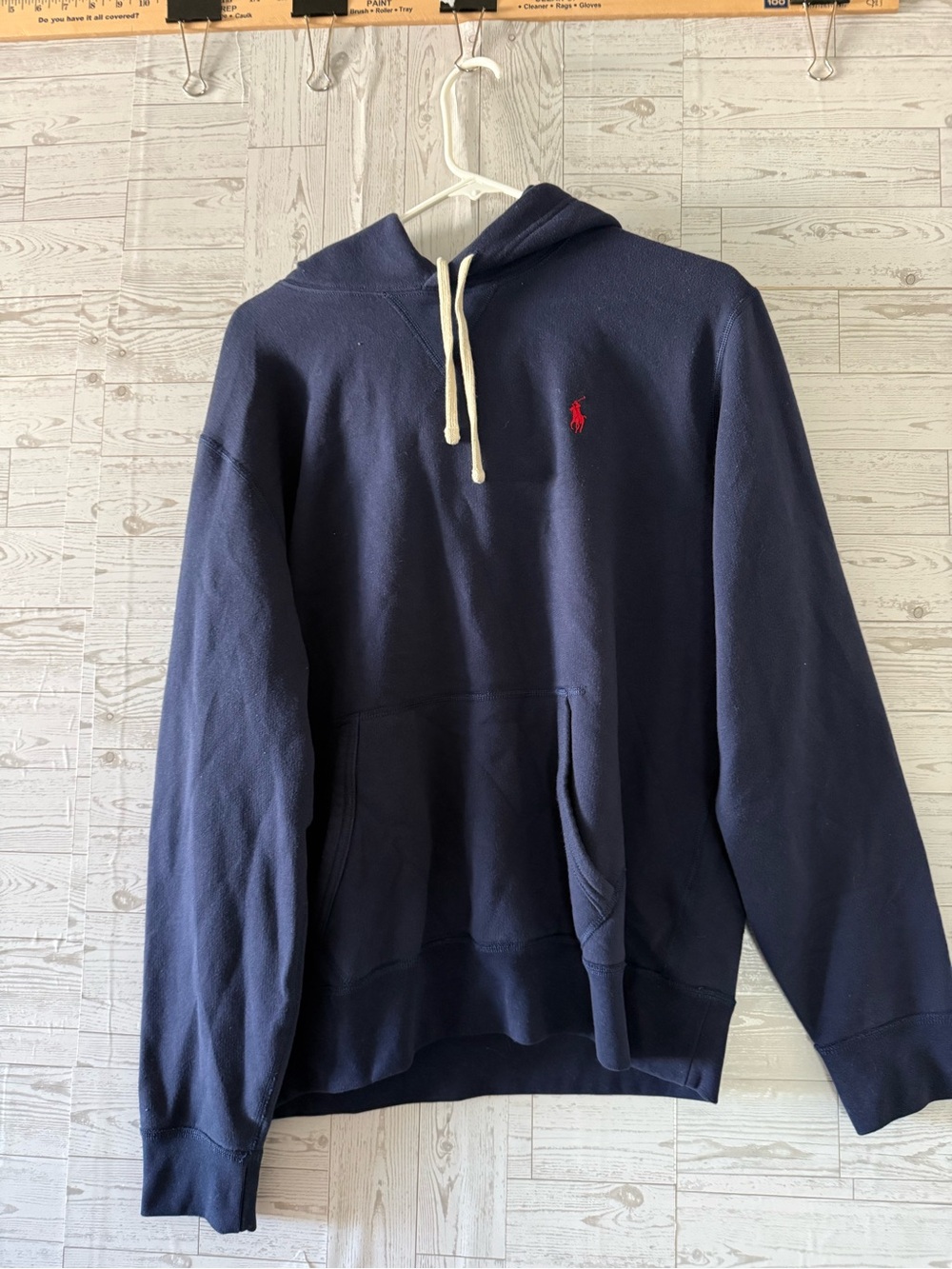 Ralph Lauren Navy Hoodie with Red Polo Logo and Cream Drawcords